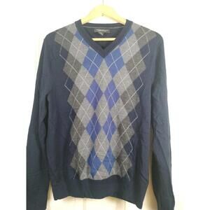 Banana Republic Men's M Argyle‎ Sweater 100% Extra Fine Merino Wool Navy Blue